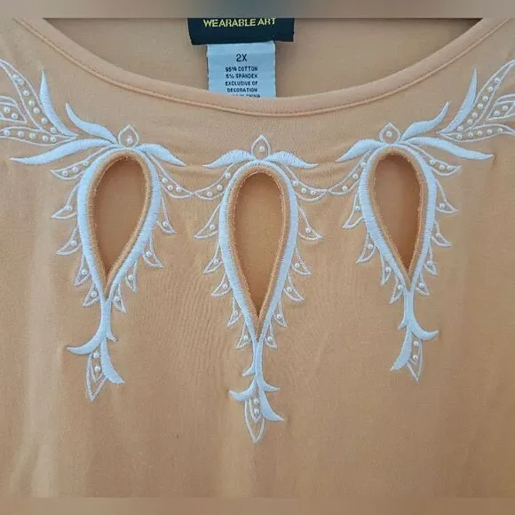 Bob Mackie Wearable Art Embroidered Cotton Stretch Top Women’s Plus 2X Peach - Picture 3 of 11